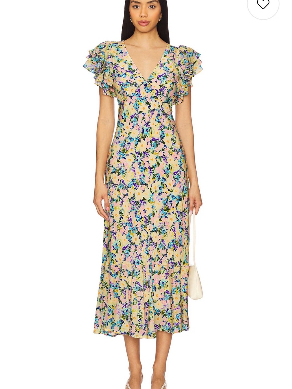 Astr Celestine Floral V-Neck Midi Dress with Ruffle Sleeves daisy yellow blue XL
